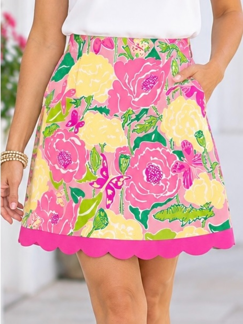 Lilly Pulitzer Mini Skirt Size 6 Pink Yellow & Green Floral Scalloped-Hem